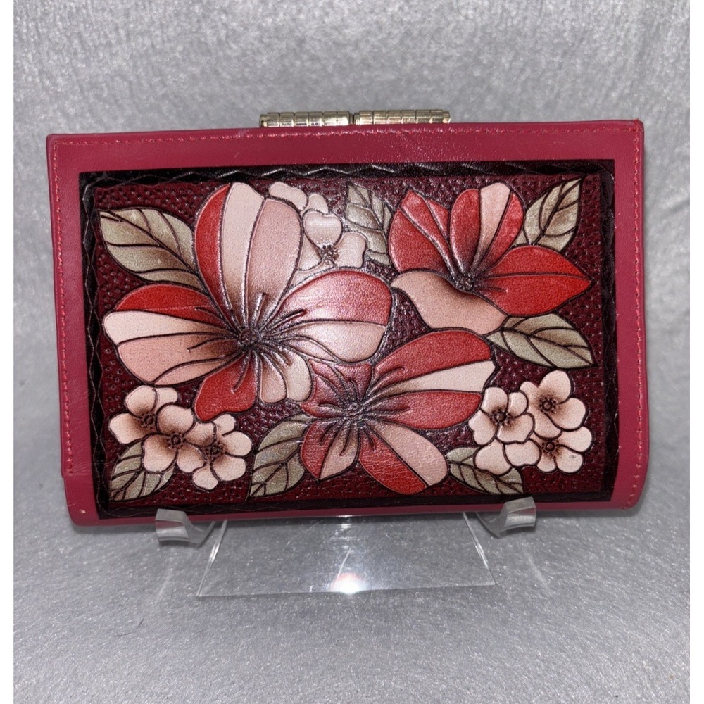 LOTTE  Red Leather Wallet Hand Painted Stamped Flowers Lined Kiss Lock Folding